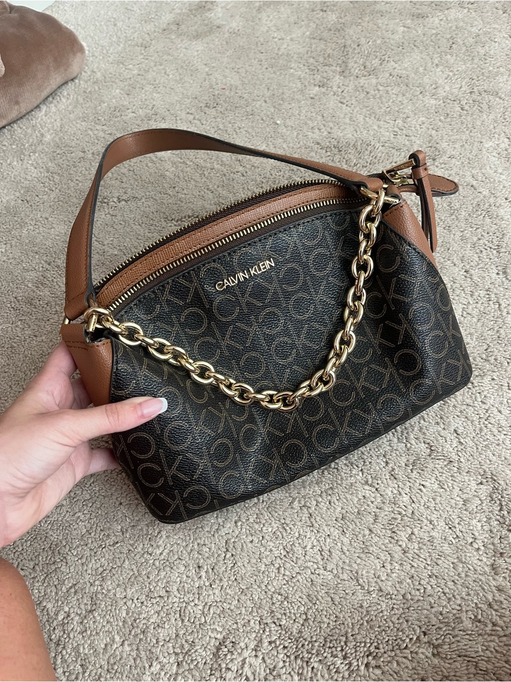 Calvin Klein Black Logo Shoulder Bag with Brown Trim & Gold Chain